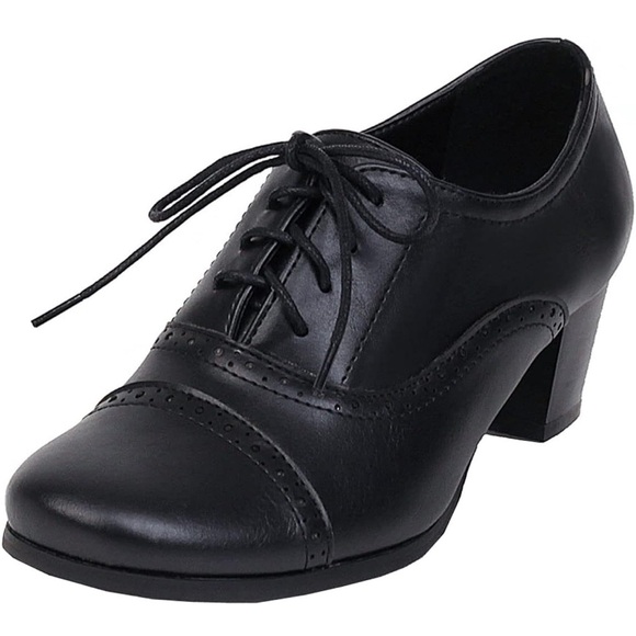 SheMee Shoes - Black Chunky Lace Up Vintage Look Oxfords Dress Pumps Round Toe Block Mid Heel
